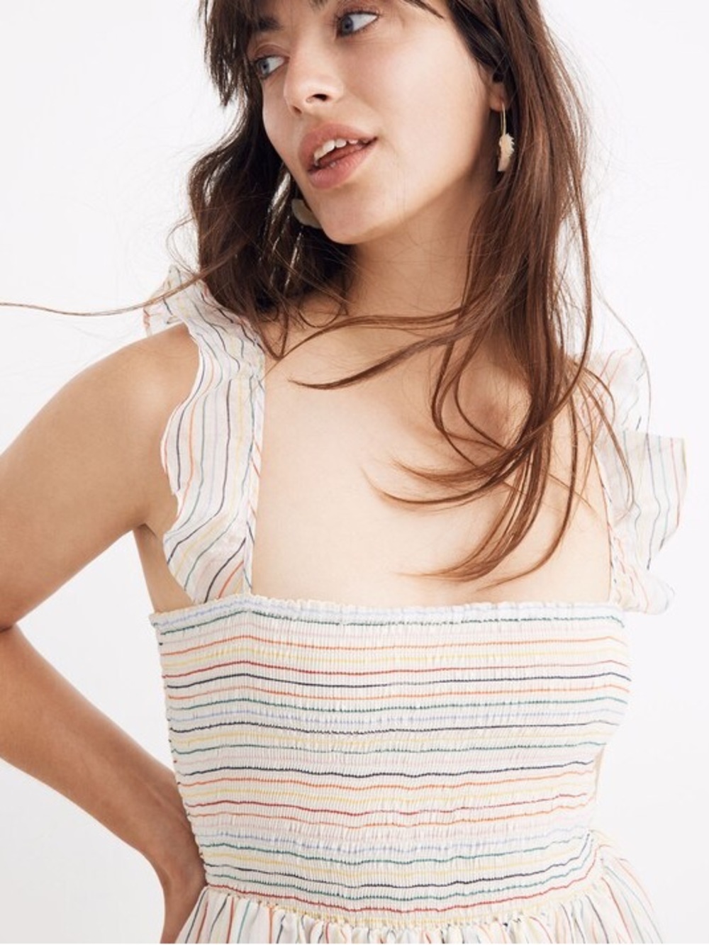 Madewell ruffled strap smocked dress in rainbow stripe